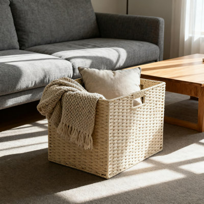 Handwoven Rattan Storage Basket, Woven Storage Box For Home Organization, Decorative Storage Bin For Living Room, Bedroom, Closet, Bookshelf