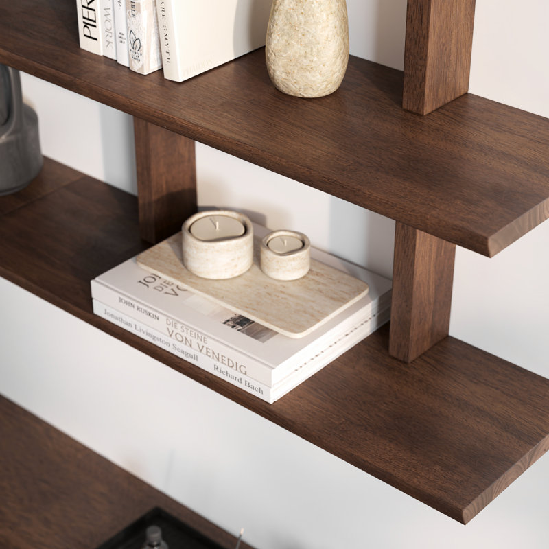 Shouji 3-Tiered Solid Wood Floating Shelves with Reversible Bevel Edge, Hidden Hardwares, 15-min Quick Assembly - Set of 2