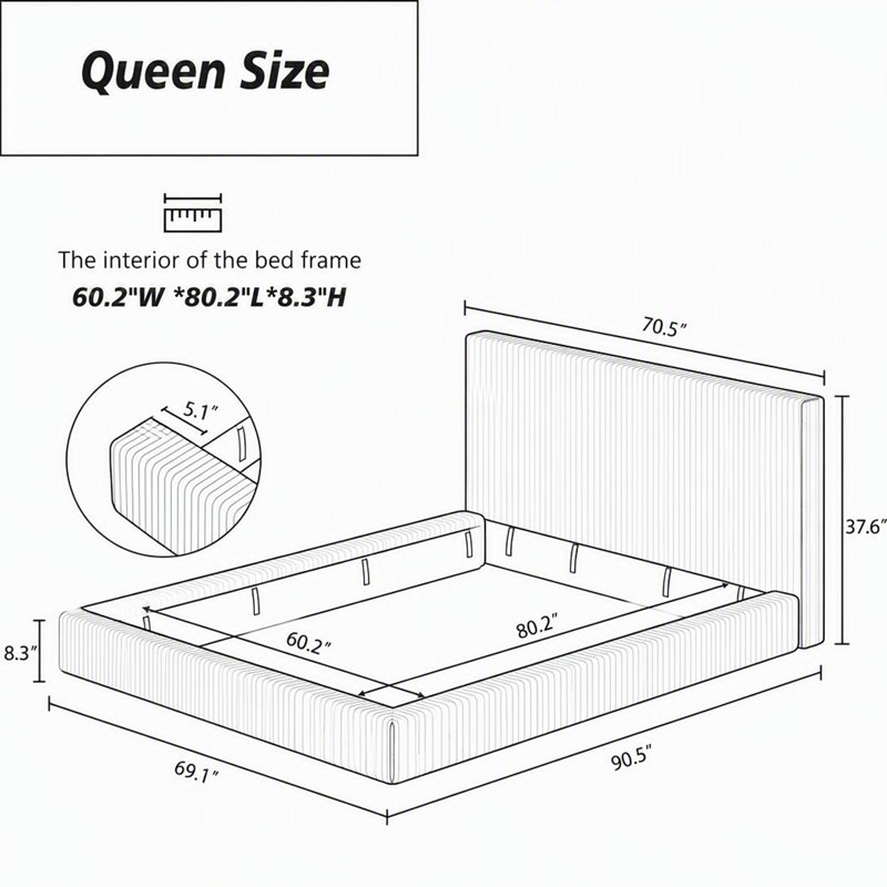 Cadre de lit Queen rembourré en velours côtelé doux, sommier non inclus, Queen