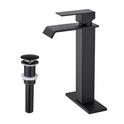 Robinet de lavabo de salle de bain à cascade, robinet de lavabo à poignée simple noir mat avec bonde escamotable (sans trop-plein)