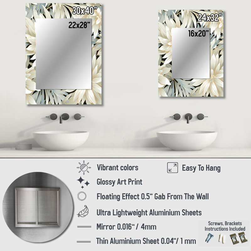 Motif de fleurs Deramo exotiques gris et blanc - miroir mural floral unique, miroir de chalet, impression sur métal