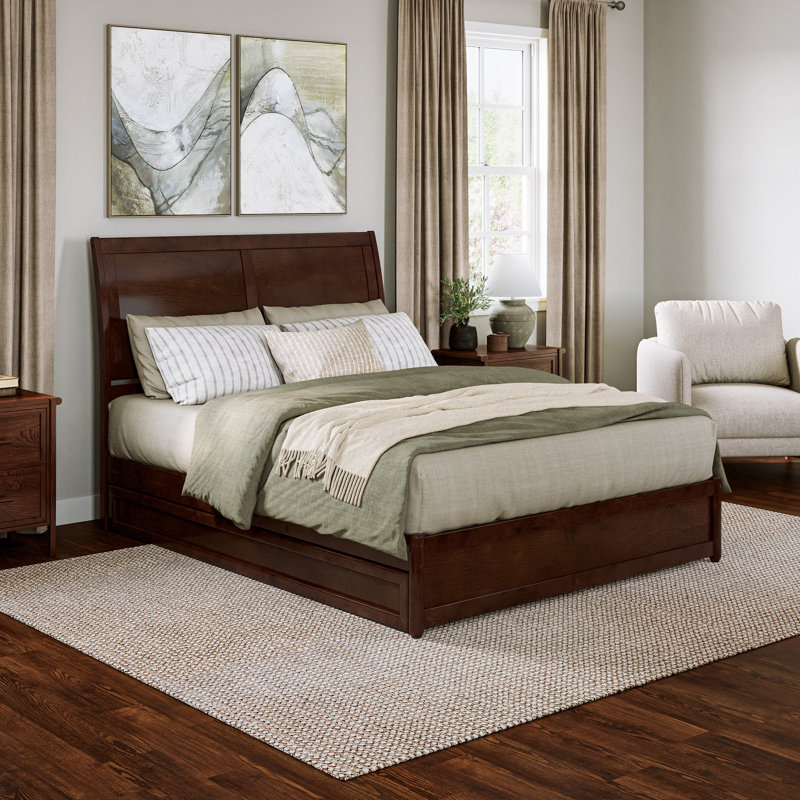 Lamayia Solid Wood Sleigh Platform Bed with Footboard & Roll Out Trundle, Walnut, Queen