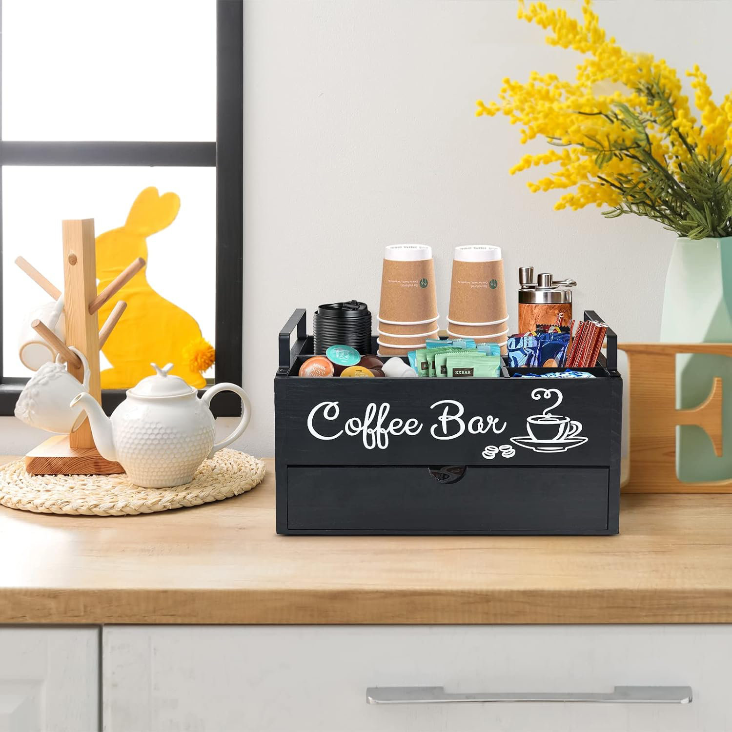 Wooden Coffee Pod Drawer Organizer - Countertop Coffee Bar Station For Pods & Syrups, Farmhouse Style (White) - View #9