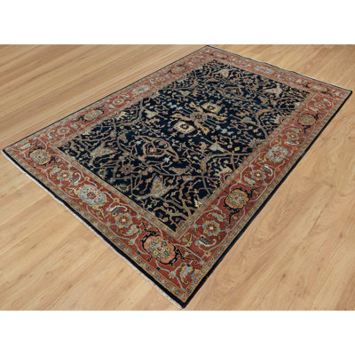 Tapis bleu polaire 6 pi 2 po x 9 pi 2 po, motif de vignes, laine luxuriante, tissage dense, Dileo fin raffiné, re-création, tapis oriental noué à la main