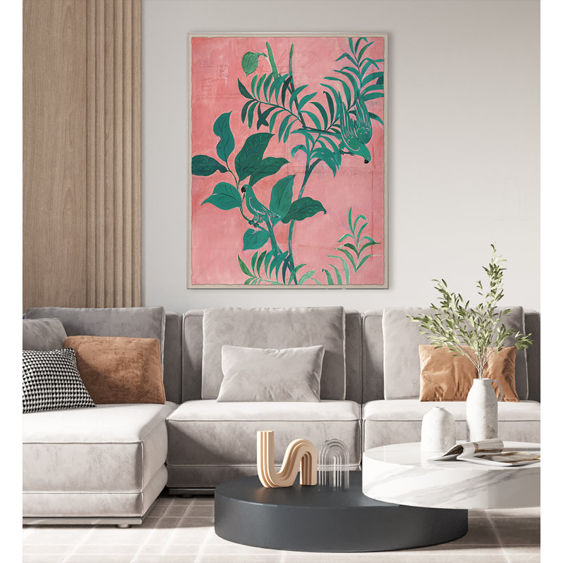 «Pink Birds» par Paule Marrot - impression, Boîte en acrylique, H 56 po x l 44 po x P 1,25 po