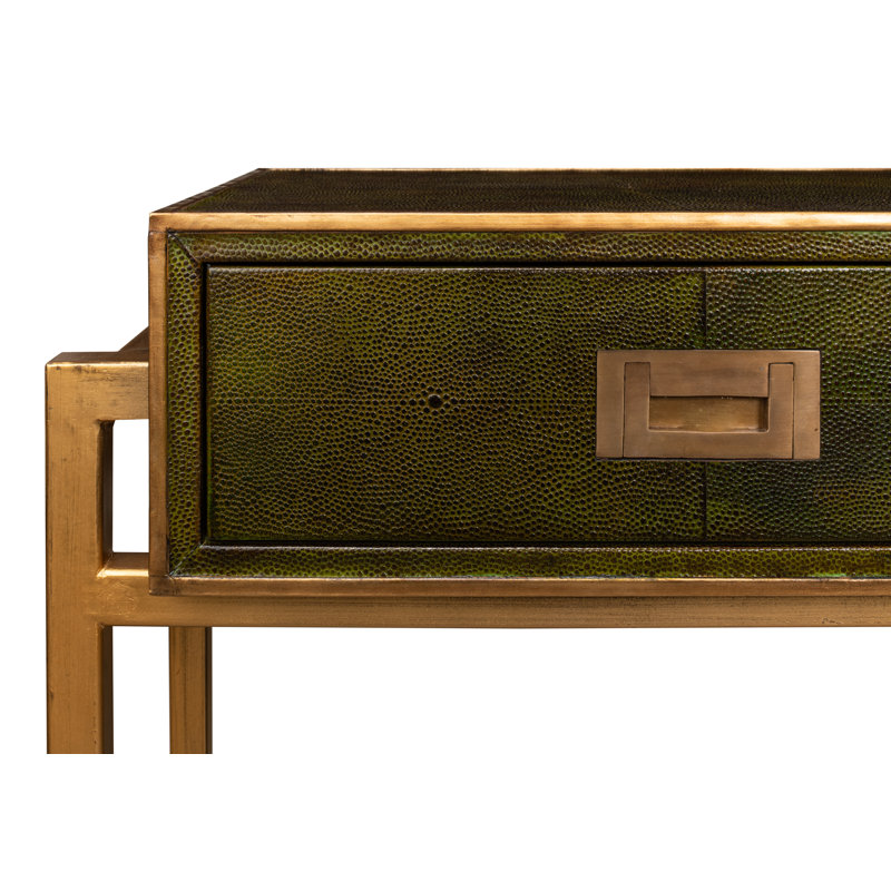 Leaf Green Iron Console Table with Brass Hardware and Leather Accents