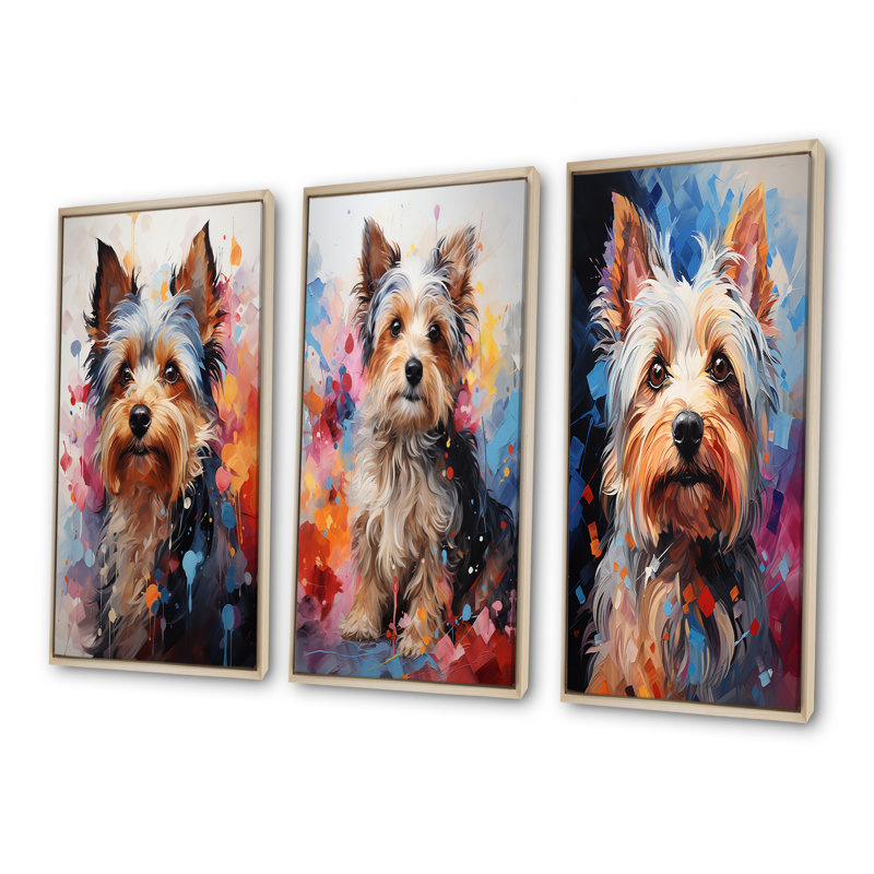 Doge Yorkie Reverie - ensemble d'art mural sur toile de 4 chiens, H 28 po x l 36 po, Cadre flottant brun