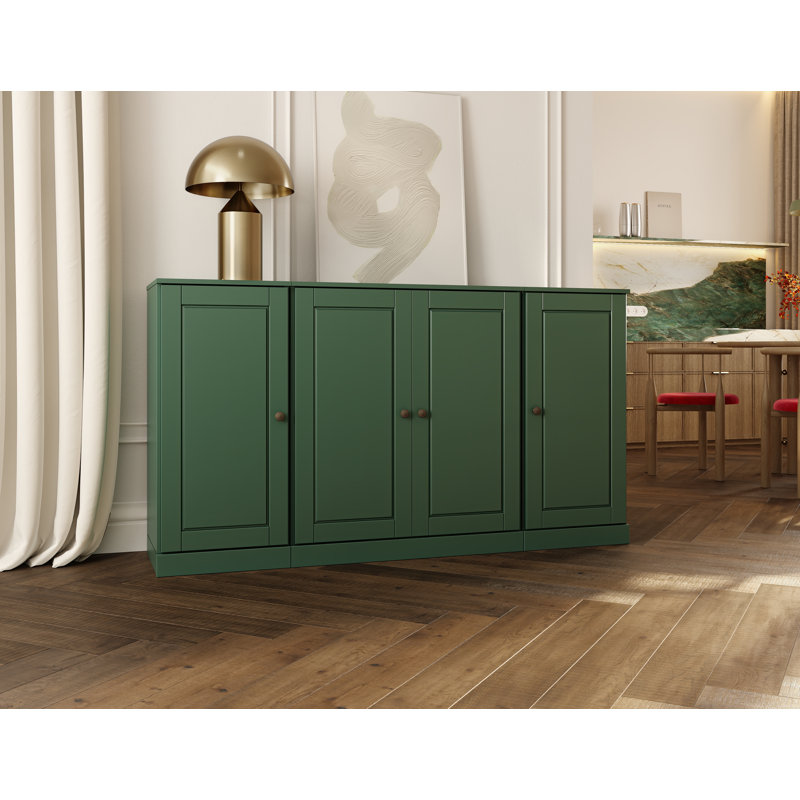 100% Solid Wood 65" Sideboard with Solid Doors, 2-Drawers and Adjustable Shelves, Green