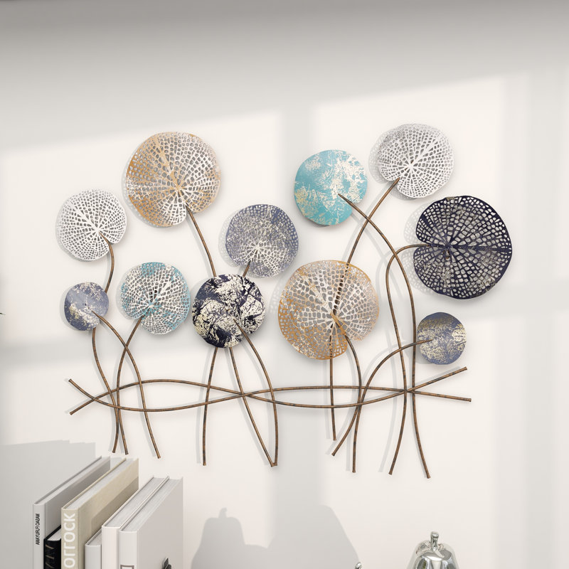 Metal Cutout Floral Blue Wall Decor with Gold Foil Accents