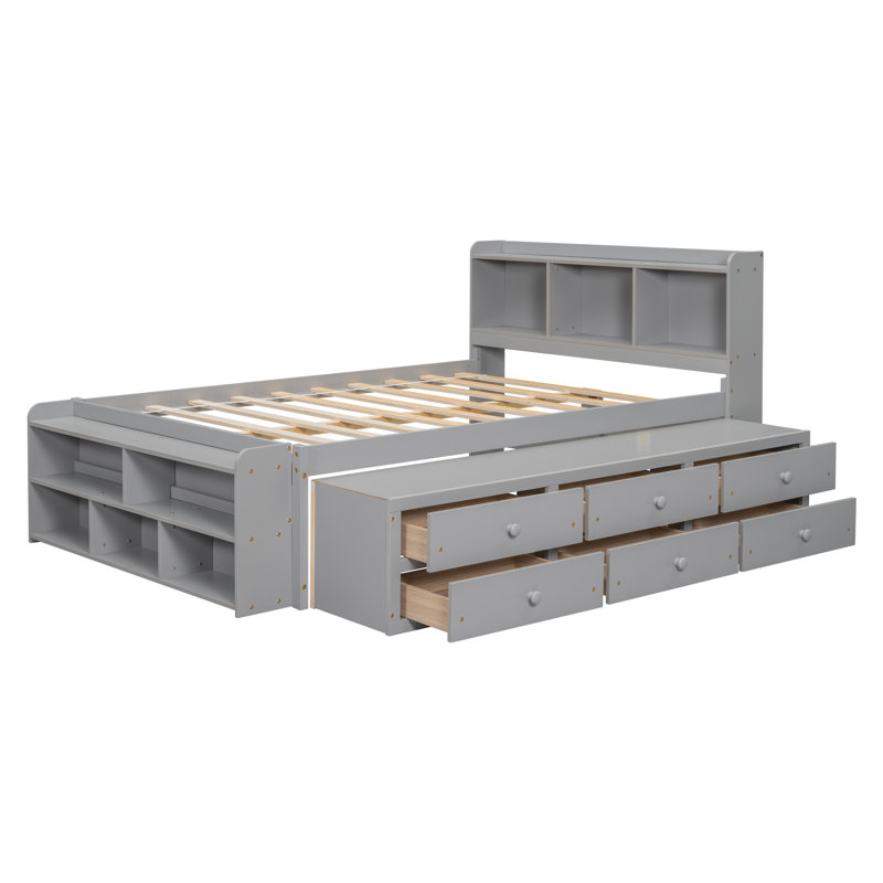 Lit double avec tête de lit bibliothèque, tiroirs de rangement sous le lit et étui de rangement à bout de lit, gris, Gris