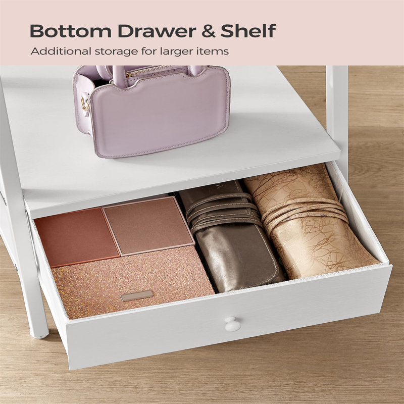 Rustic Brown Jewellery Armoire With Mirror And Bottom Drawer For Women - Large Storage, Built-In Mirror Lights, Extra Storage Outside - Ideal For Face Makeup - 14.6''D X 16.3''W X 61.8''H
