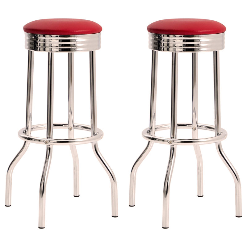 Chrome Bar Height Stool (Set of 2), Red