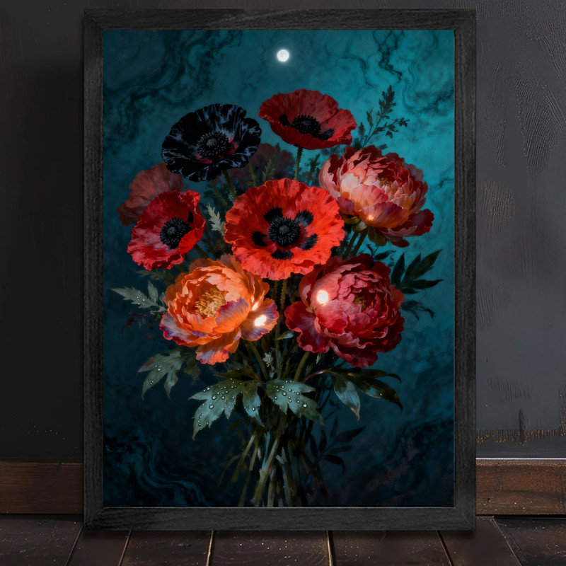Art mural noir, nature morte et floral gothique, impression de cadre fantaisiste foncé rétro, H 17 po x l 13 po