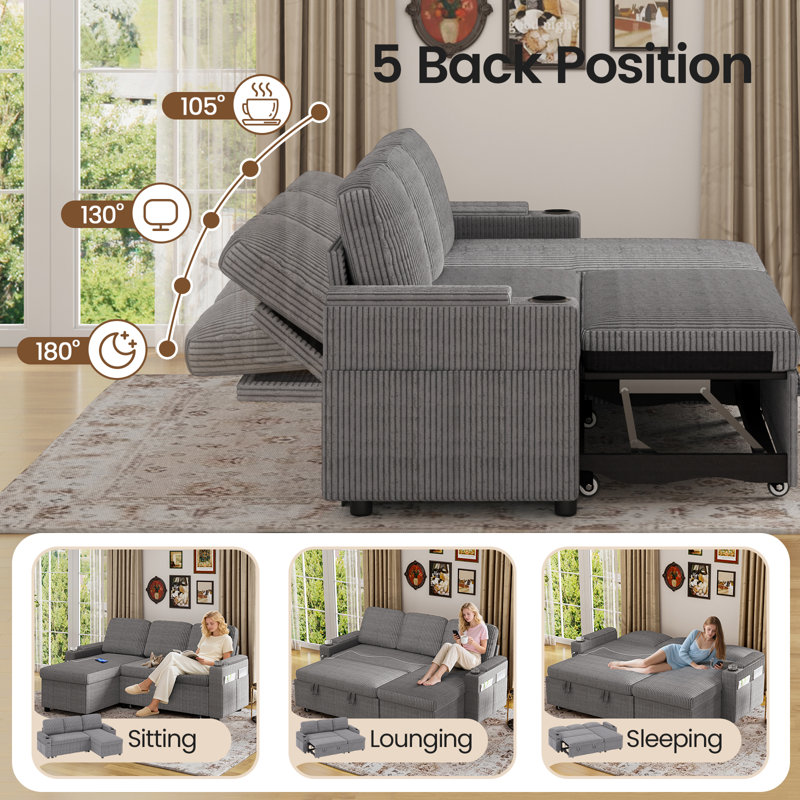 3 Seater Sofa & Chaise, Grey Corduroy--