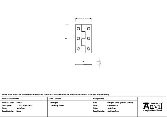 Butt Hinge, 5cm H x 2.8cm W, Satin Brass