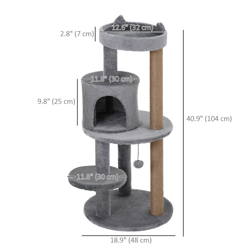 41" Cat Tree Tower with Condo, Scratching Posts, Hanging Ball, Grey