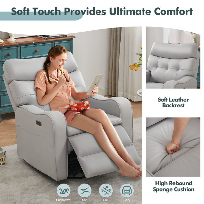  Myah 36.6''W Modern Faux Leather Power Recliner Chair With Swivel and Rocker, USB Port and Type-C Port , Gray