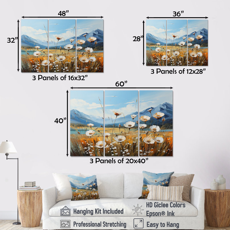 Fleurs jaunes de pissenlit sur un lac - ensemble d'art sur toile, H 32 po x l 48 po x P 1 po