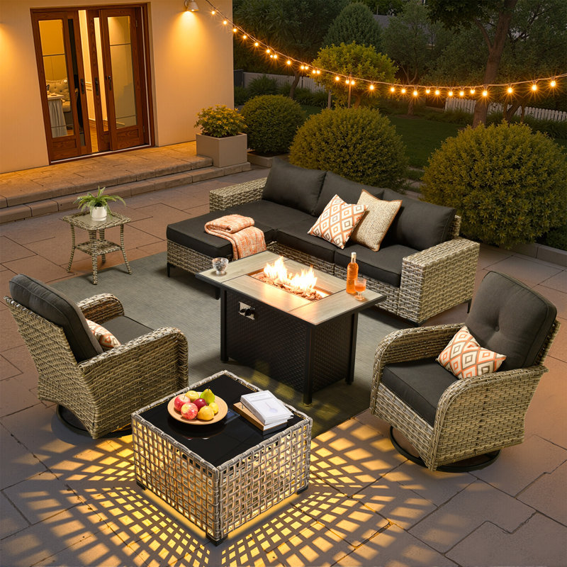 Emroy 5 - Person L-Shaped Sectional Outdoor Conversation Set,Wicker Patio Seating Group with Lighted Coffee Table, All Weather Swivel Chair Set with Cushions