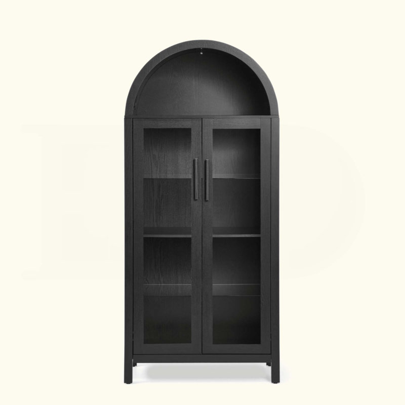 Modern Retro Arched Storage Cabinet with Light, Wooden Display Cabinet with Adjustable Glass Partitions, Multi-Functional Cabinet for Kitchen & Living Space