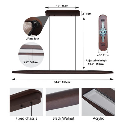 Luminaire suspendu 39 po à DEL en bois avec télécommande, luminaire suspendu réglable pour la salle à manger, la cuisine et le salon