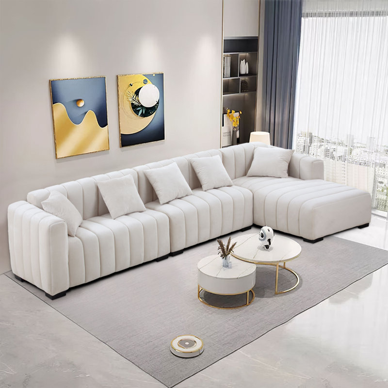 3 - Piece Velvet Sectional, White Velvet, Right Hand Facing