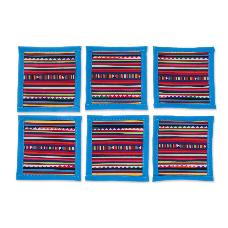 Lahu Cotton Square 6 Piece Coaster Set, Blue