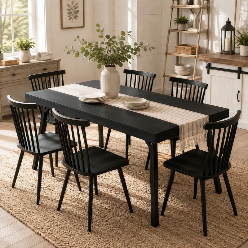 Table de salle à manger moderne rectangulaire aux bords arrondis, au design contemporain, idéale pour les repas en famille et au quotidien, noire.