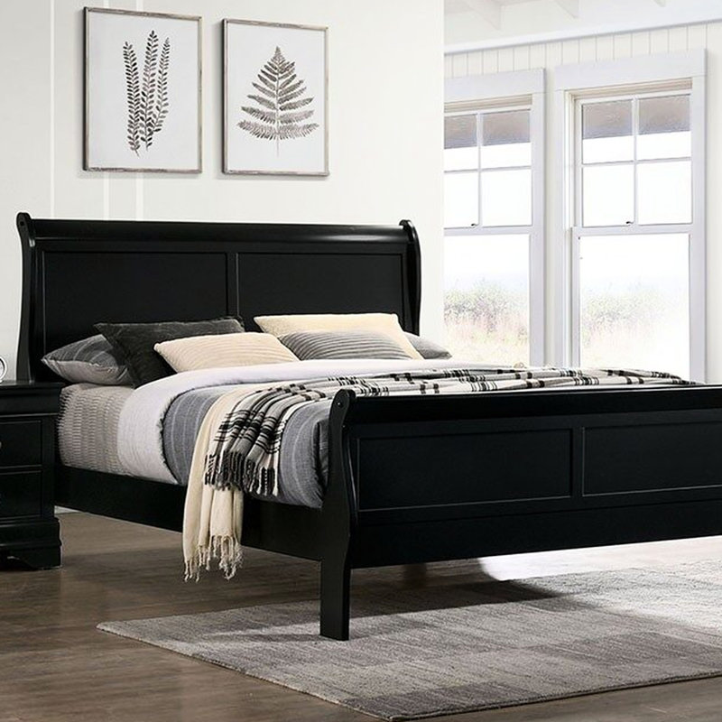 Lit double contemporain noir, lit en bois massif avec pieds de support, conception transitionnelle moderne en bois d'hévéa Splendor, mobilier principal