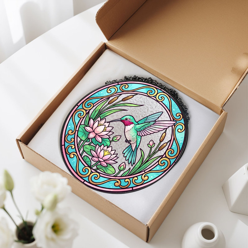 Vitrail de vitrail Hummingbird Lotus ， 7,8H, H 7,8 po
