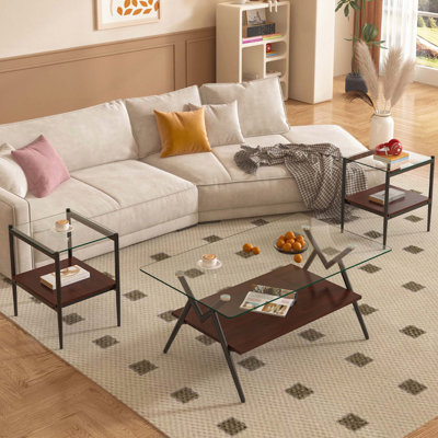 Ensemble de 3 tables basses et tables de bout avec verre trempé et panneau de fibres à densité moyenne - Transparent