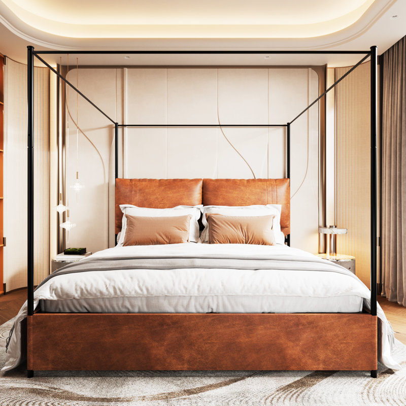 King Canopy Bed Frame with Upholstered Headboard，No Box Spring Needed，Easy to Assemble, Metal Bar Support, King, Brown