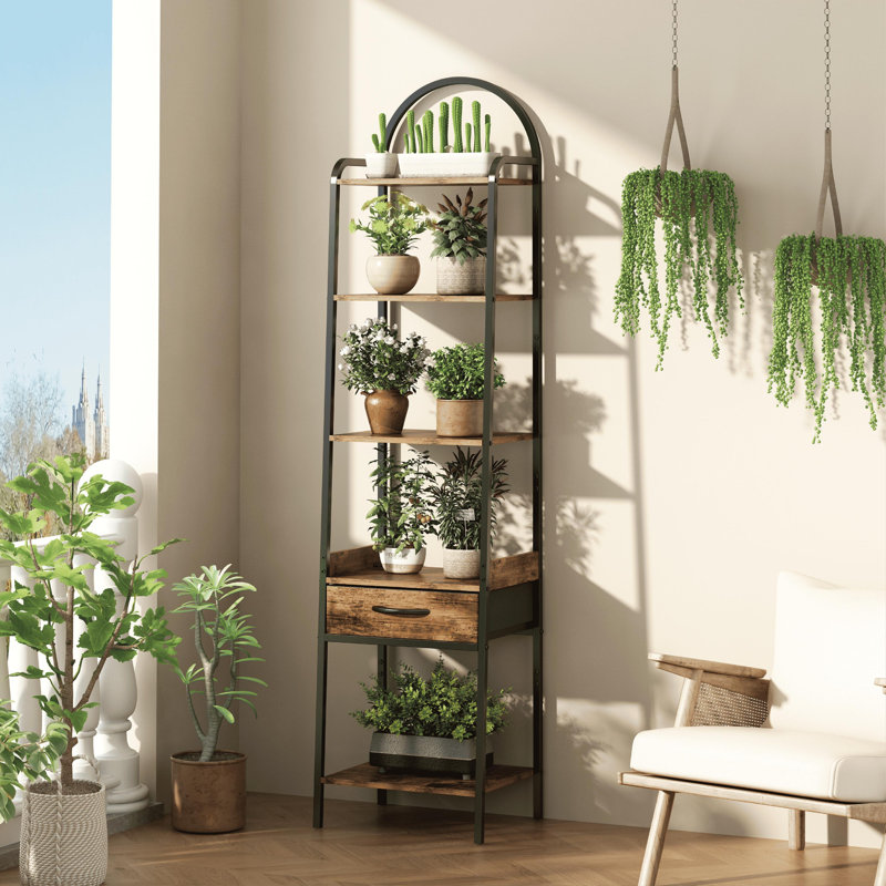 Étagère de jardin arquée à 5 niveaux - Bibliothèque ouverte mince avec structure en métal, étagère de coin autoportante