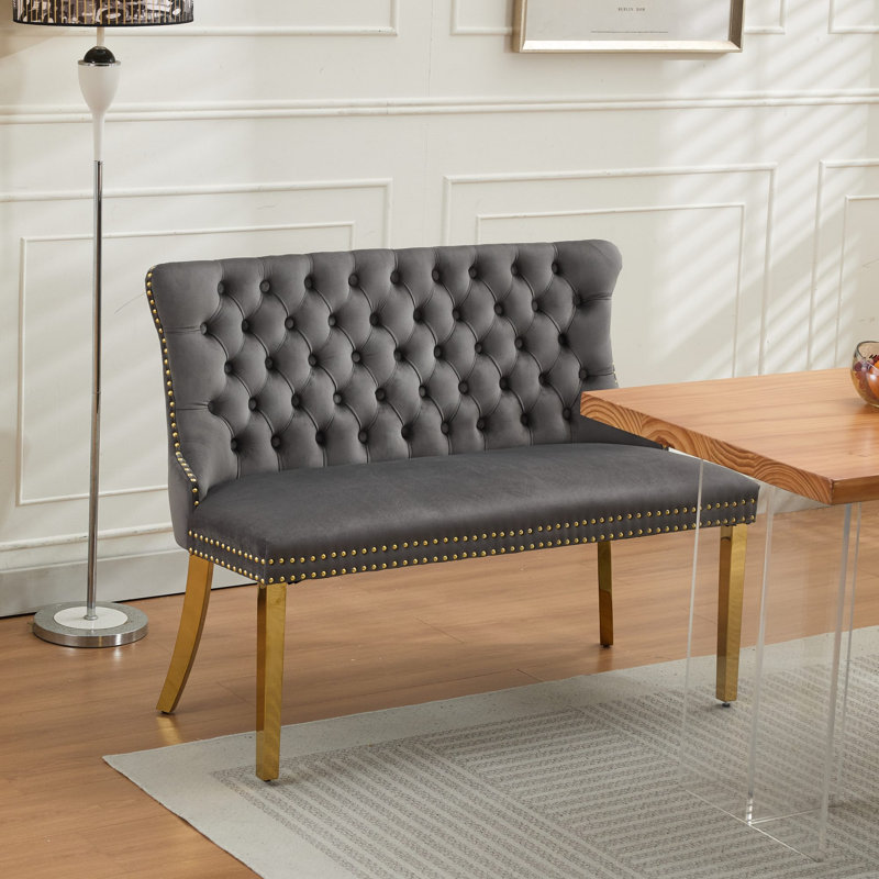 45.6”velvet Upholstered 2-seat Armless Loveseat, Gray, Gold