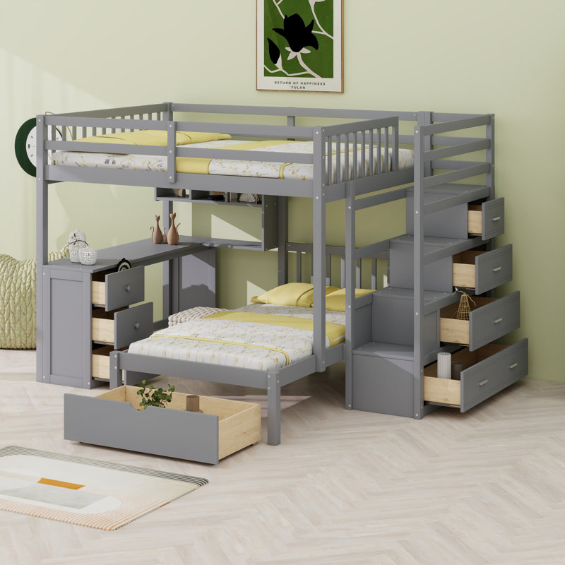Lit superposé avec bureau, tiroirs et tablettes, gris