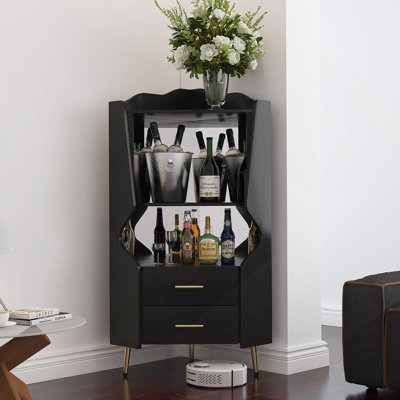 Wooden Corner Bar Cabinet With 2 Open Storage Shelves And 2 Drawers, Mirrored Back Sideboard Cabinet, High Feet/Legs For Easy Cleaning, Buffet Cabinet BLACK