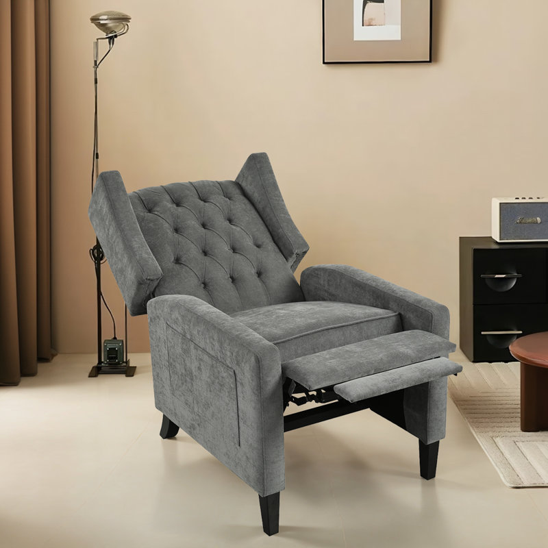 Adjustable Wingback Recliner With Button-Tufted Design | USB Charging & Space-Saving Foldable Side Table, Gray