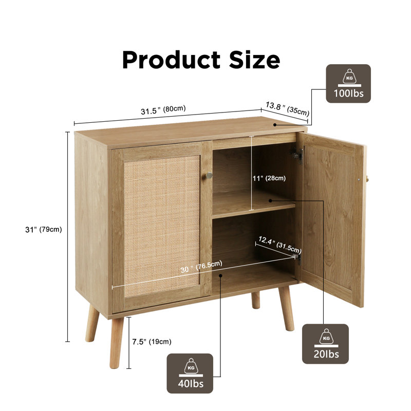 Taino Rattan Storage Cabinet, 2 Door Sideboard Buffet Storage Cabinet with Adjustable Shelf Large Space