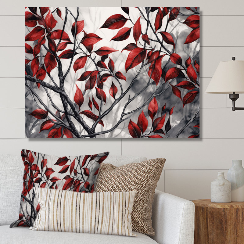 Imprimé de feuilles rouges et grises sur un arbre VI, Toile tendue, H 30 po x l 40 po x P 1,5 po