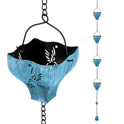 9.41FT with 8 Hollow Hummingbird Pattern Cups Rain Catcher Chains, Outdoor Rain Gutter Chains for Downspout, Eaves Drainage