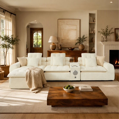 143.2 Inch Fluffy Lamb Wool Sectional Sofa, Oversized Deep Seat L-Shaped Modular Corner Couch, Plush Cloud Comfy Large Combination Sofa with Throw Pillows for Living Room