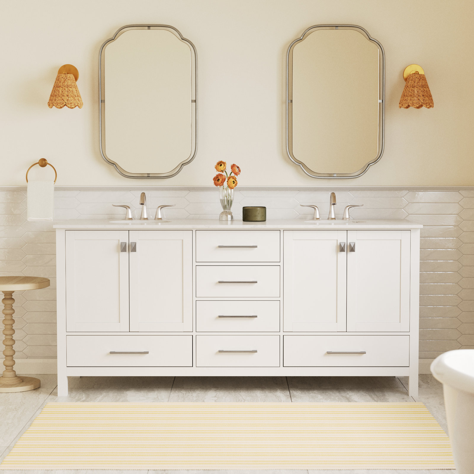 Irene 72'' Double Bathroom Vanity, White, Calacatta Quartz