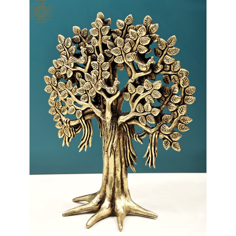 10" Handmade Brass Banyan Tree of Life Sculpture – Gold Bodhi Statue with Birds & Aerial Roots