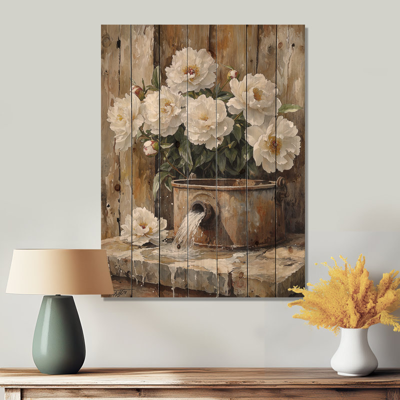 Peonies By The Watering Trough I - Peonies Wood Wall Art - On Natural Pine Wood, 40" H x 30" W x 0.78" D