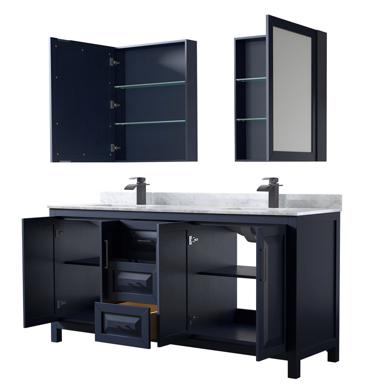 Daria 72'' W Double Vanity, Dark Blue, White Cultured Marble, Matte Black