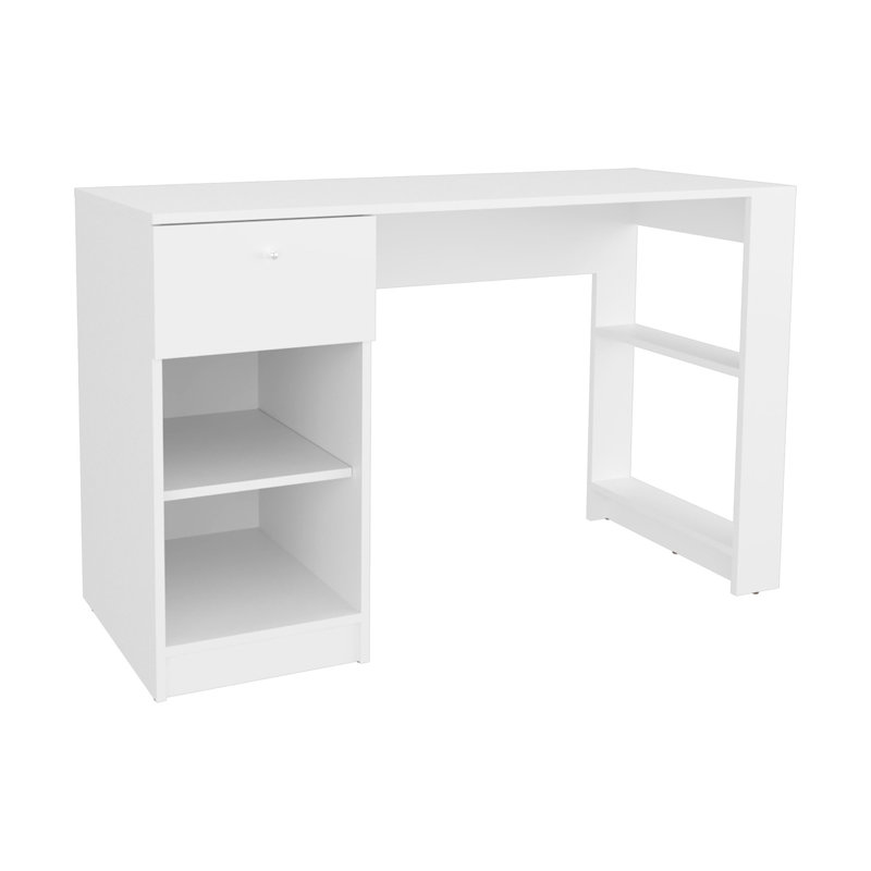 Bureau de 47 po de largeur avec rangement pour l'organisation - Bureau à la maison rectangulaire blanc moderne avec un tiroir et quatre tablettes