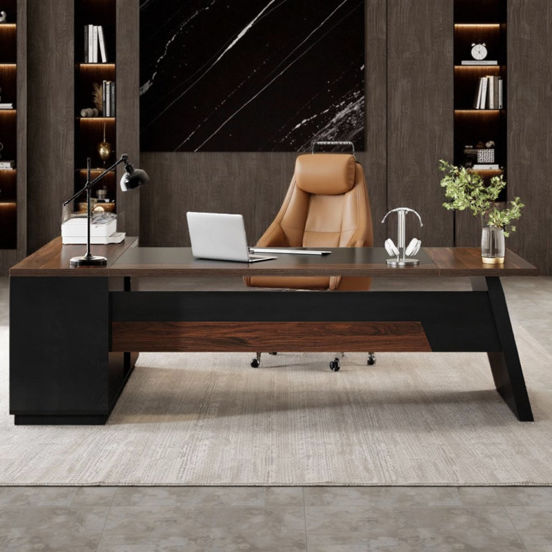 L-Shaped Executive Office Desk With Drawers, Walnut/Black