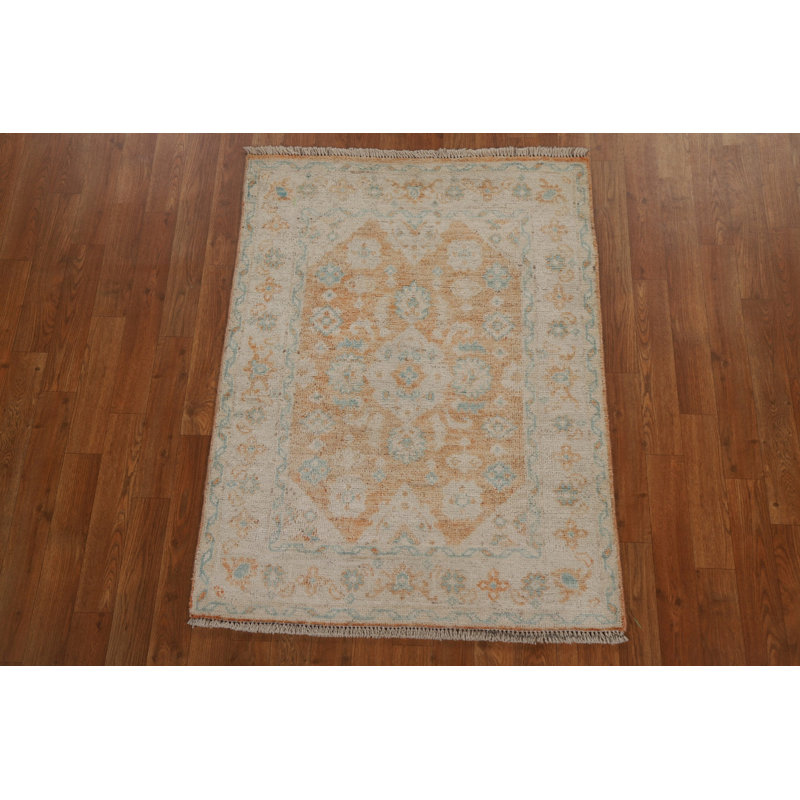 Tapis orange / beige en laine noué à la main de conception unique 2 pi 11 po x 3 pi 11 po New Age