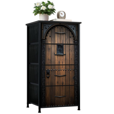 Dresser for Bedroom with 4 Storage Drawers Rustic Wooden Door Metal Studs Decorative Ironwork Dressers Chest of Drawers Steel Framed Fabric Closet Organizers for Dorm Entryway