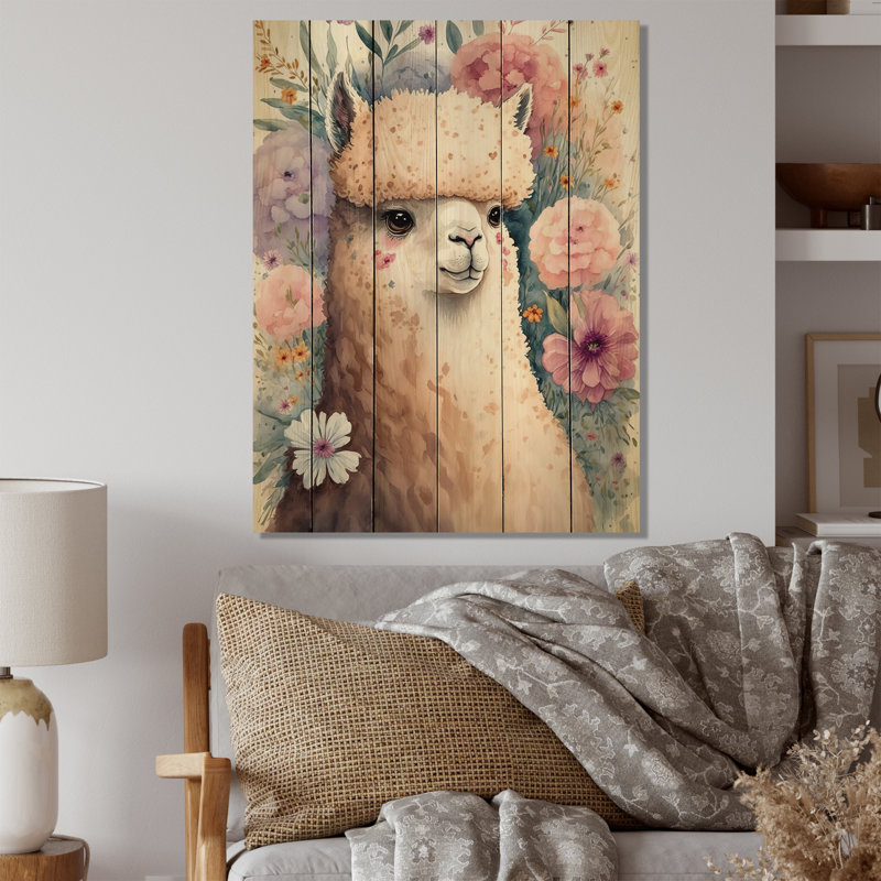 Fleur Alpaca aquarelle IV Flower Alpaca WaterColor IV - impression sans cadre sur bois, H 32 po x l 24 po x P 1 po